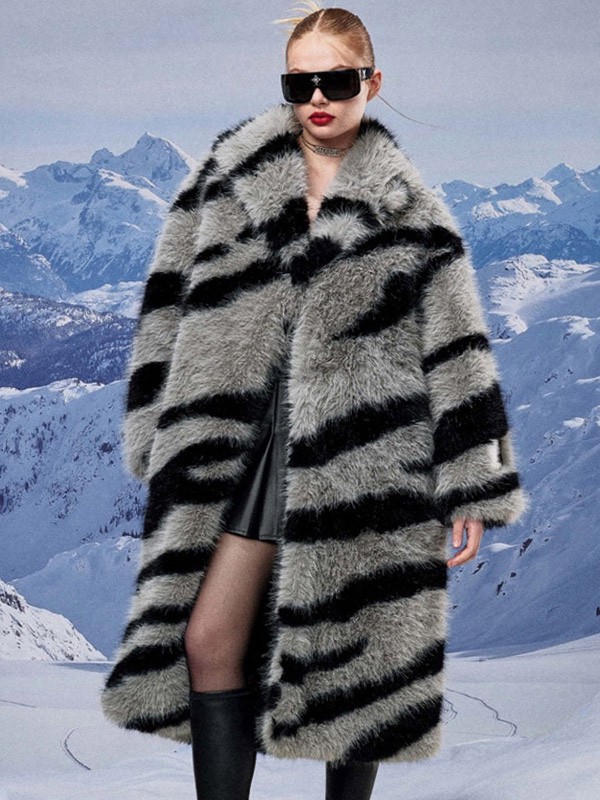 Kunstpelzmantel mit Zebra-Print Umlegekragen übergroße umweltfreundliche lange Jacke für Damen 2025