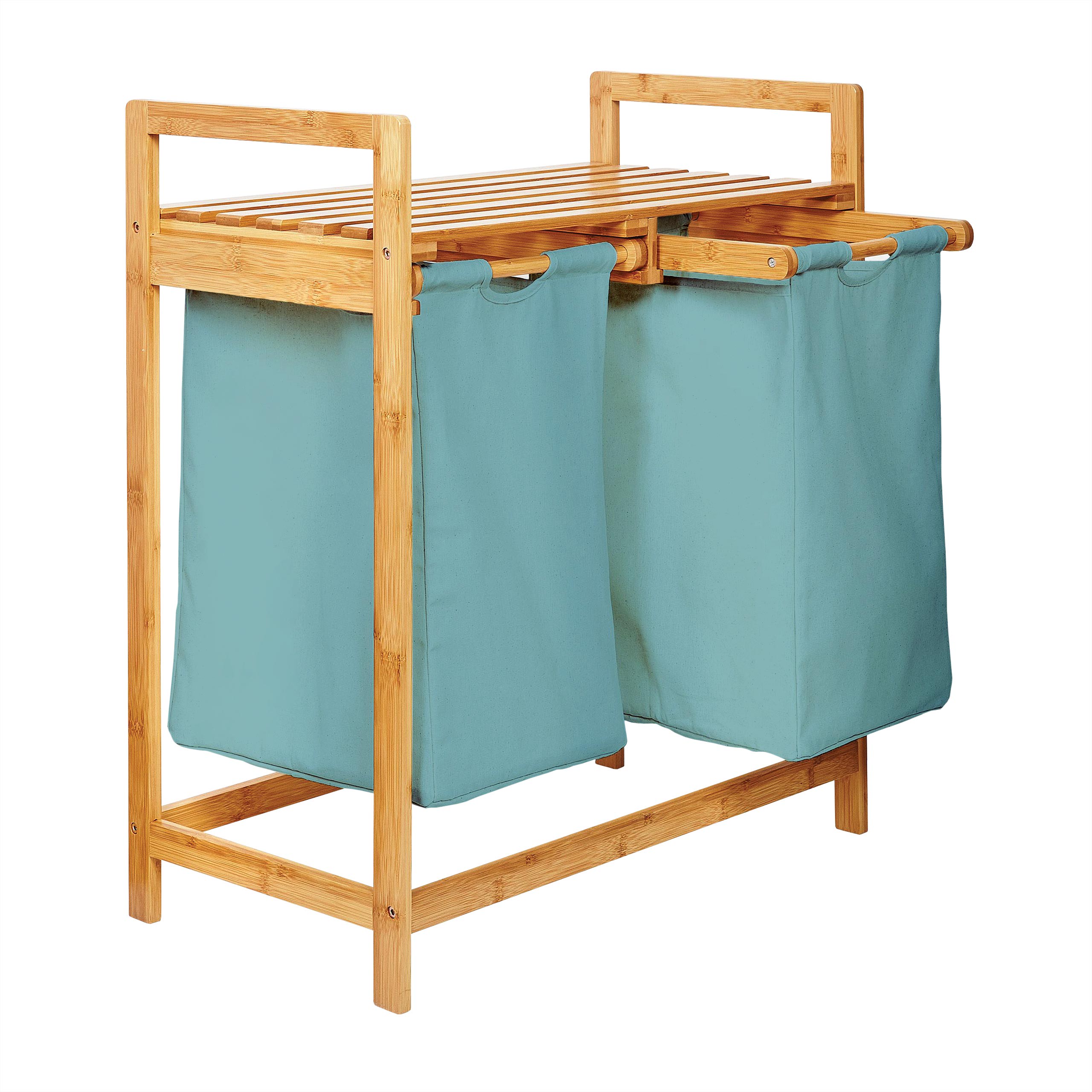 Bambus Wäschekorb mit 2 ausziehbaren Wäschesacken - 73 x 64 x 33 cm - Babyblau