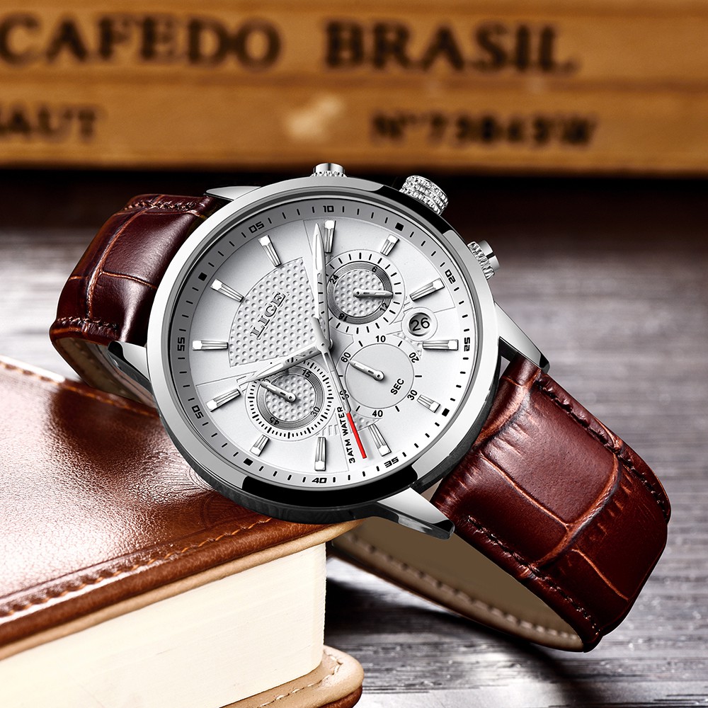 LIGE Fashion Mens Watches LIGE Top Brand Leather Chronograph Waterproof Sport Auto Date Quartz WristWatch For Men Quarzuhr