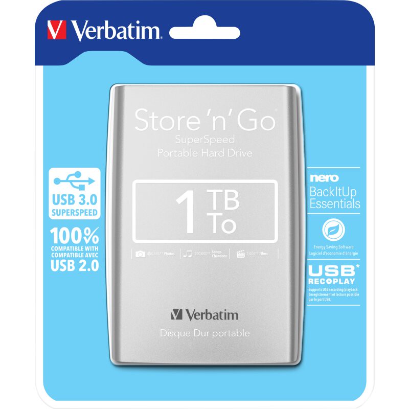 Verbatim Festplatte 1TB, USB 3.0, 6.35cm (2.5''), silber