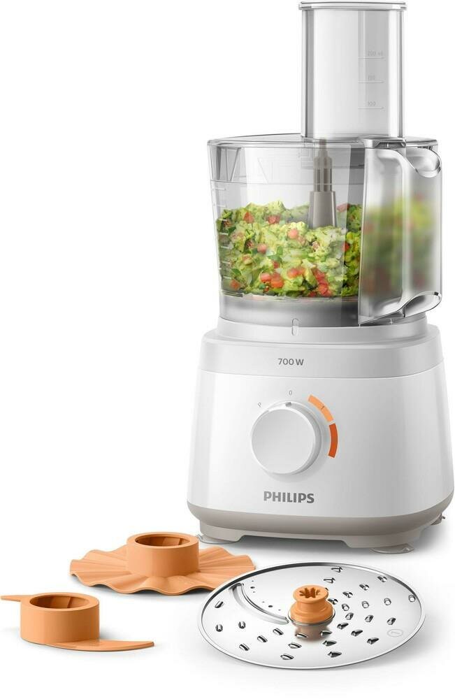 PHILIPS Küchenmaschine Daily Collection HR7310/00 (700 Watt, 2 Geschwindigkeitsstufen, 1,5 Liter, Messereinheit, S-Messer, Emulgier-Werkzeug, Knethaken, Drehbare Edelstahl-Scheibe, Turbo, Puls)