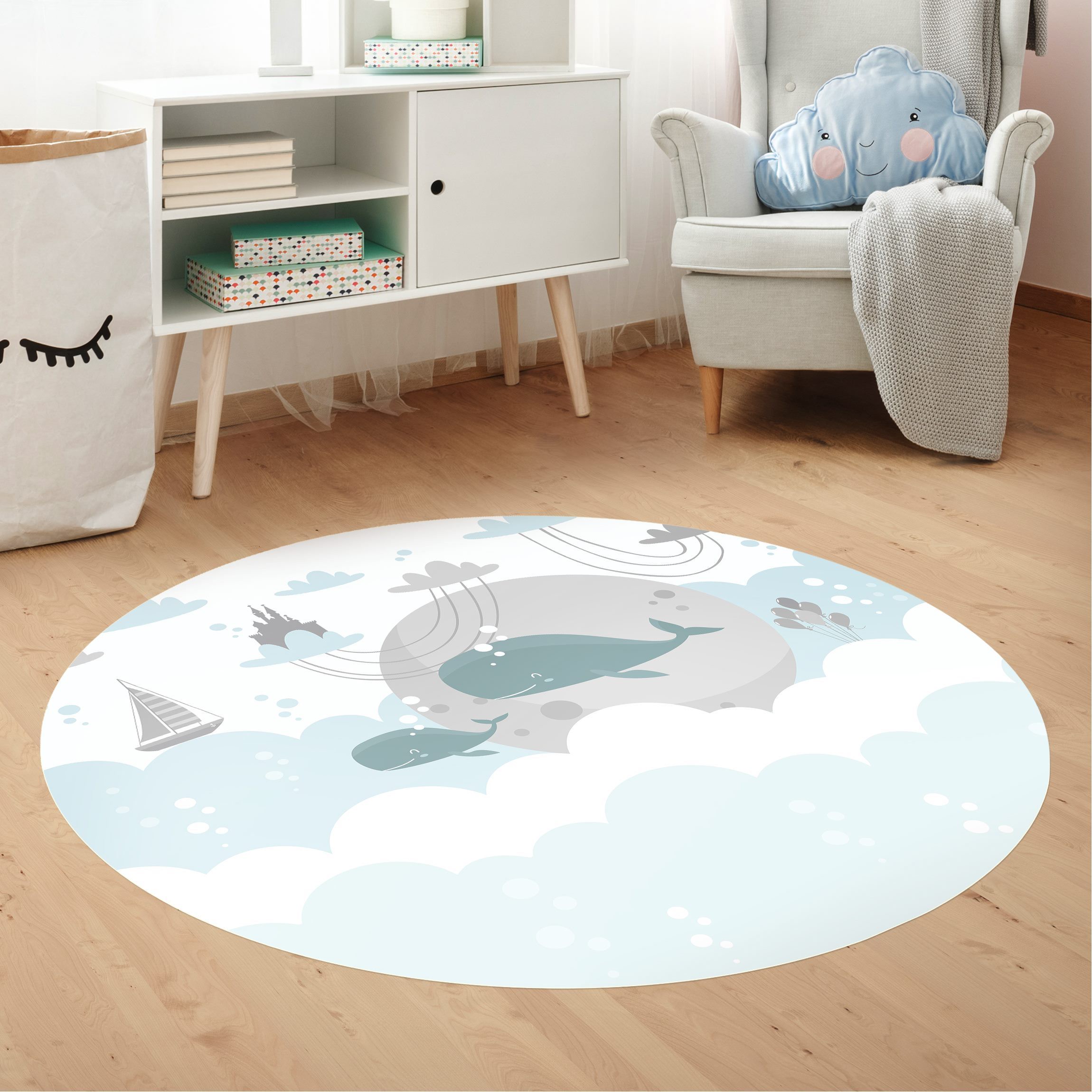 Runder Vinyl-Teppich Wolken mit Wal und Schloss