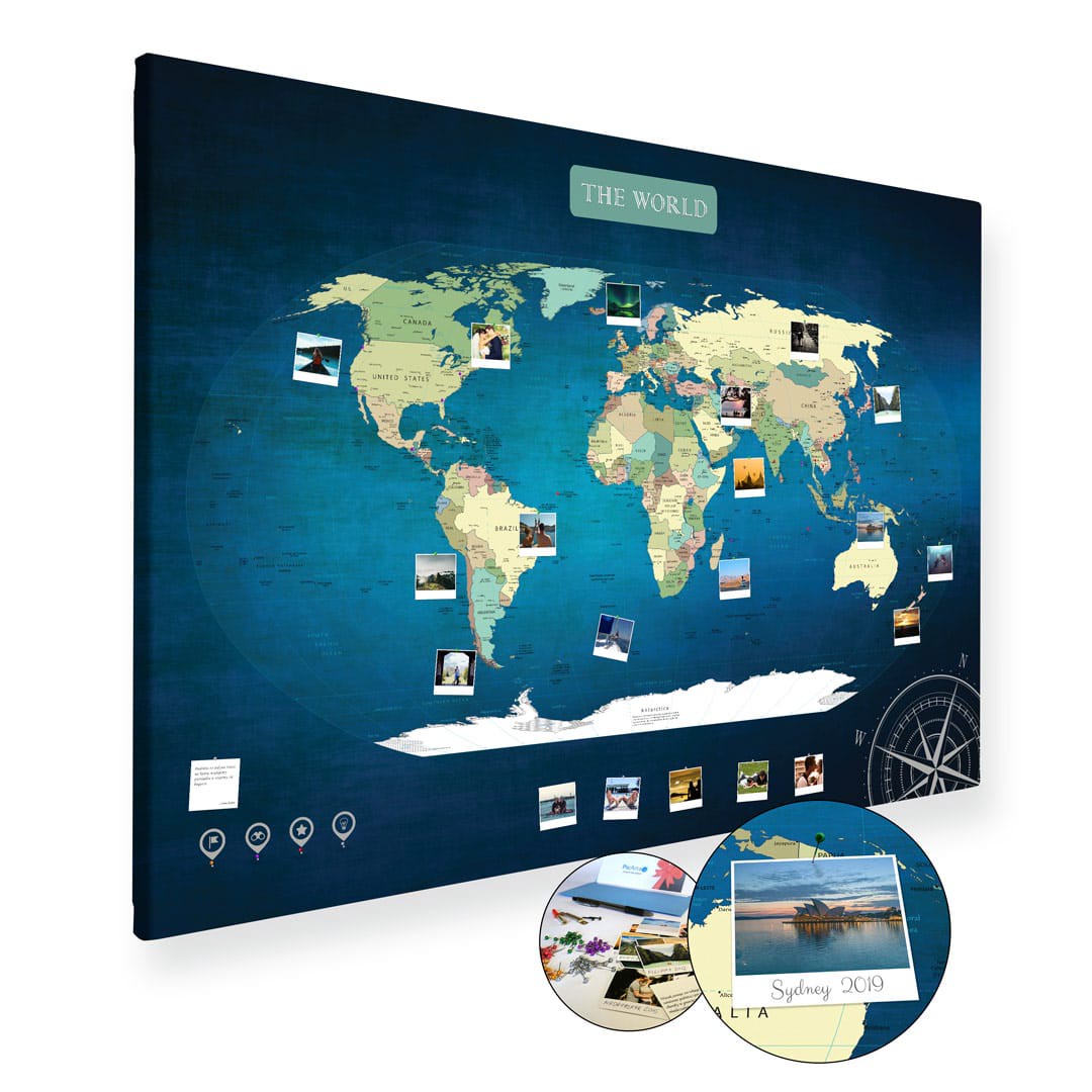 Weltkarte Blau Gross XXL Pinnwand Leinwand - XXL (85x120cm)