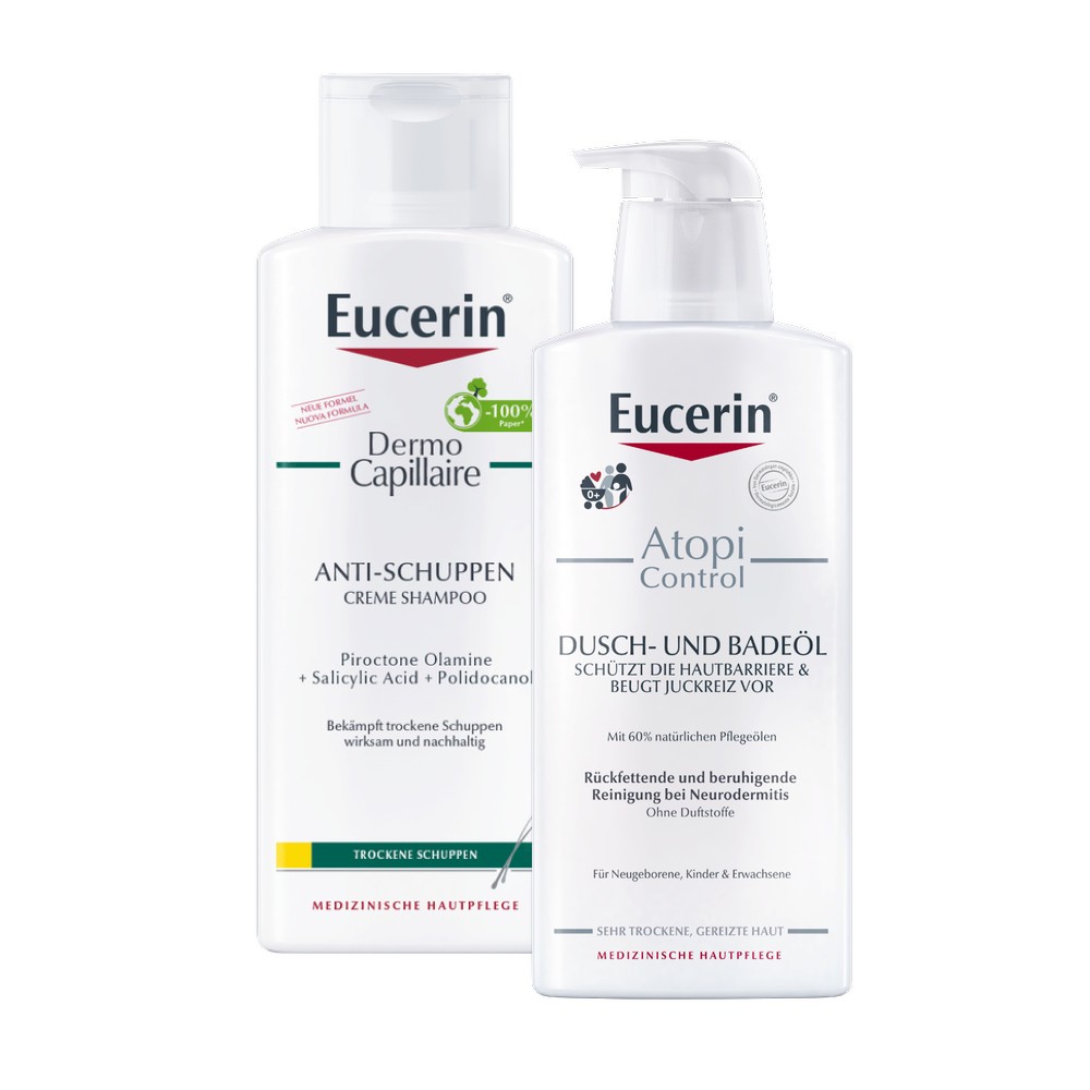 Eucerin DermoCapillaire Urea Kopfhaut beruhigendes Shampoo & Eucerin AtopiControl Dusch- und Badeöl 1 Sparset