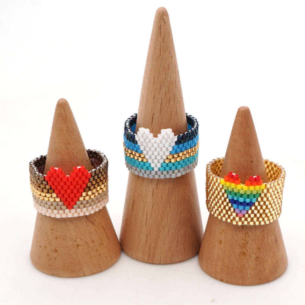 Simple Bohemian style Miyuki beads hand made Beaded stripe color matching rainbow love couple ring female