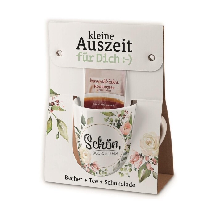 Geschenkset Auszeit für dich, Becher mit Tee & Schokolade