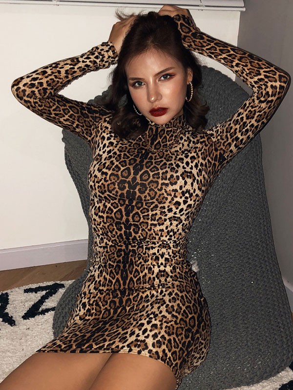 Etuikleid Braun Kleider und Leopard-Korn Optik Polyester kurz Damenmode im casualen Stil Langarm Halskragen für Herbst