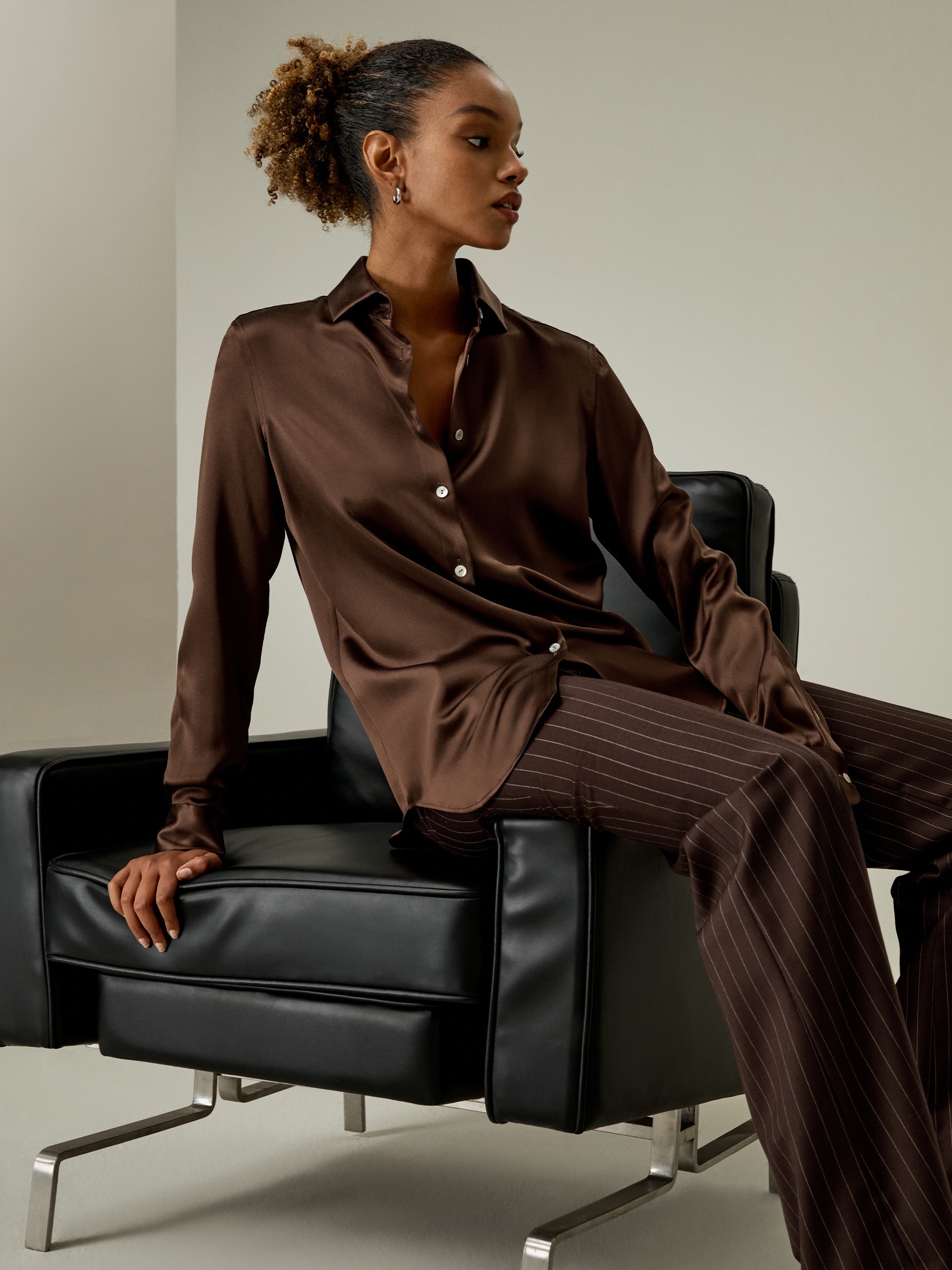 LILYSILK Bluse Seide Damen Schokolade DE Spreizkragen Und Muschelknopf Breiten Kragen Lockere Und Bequeme XL