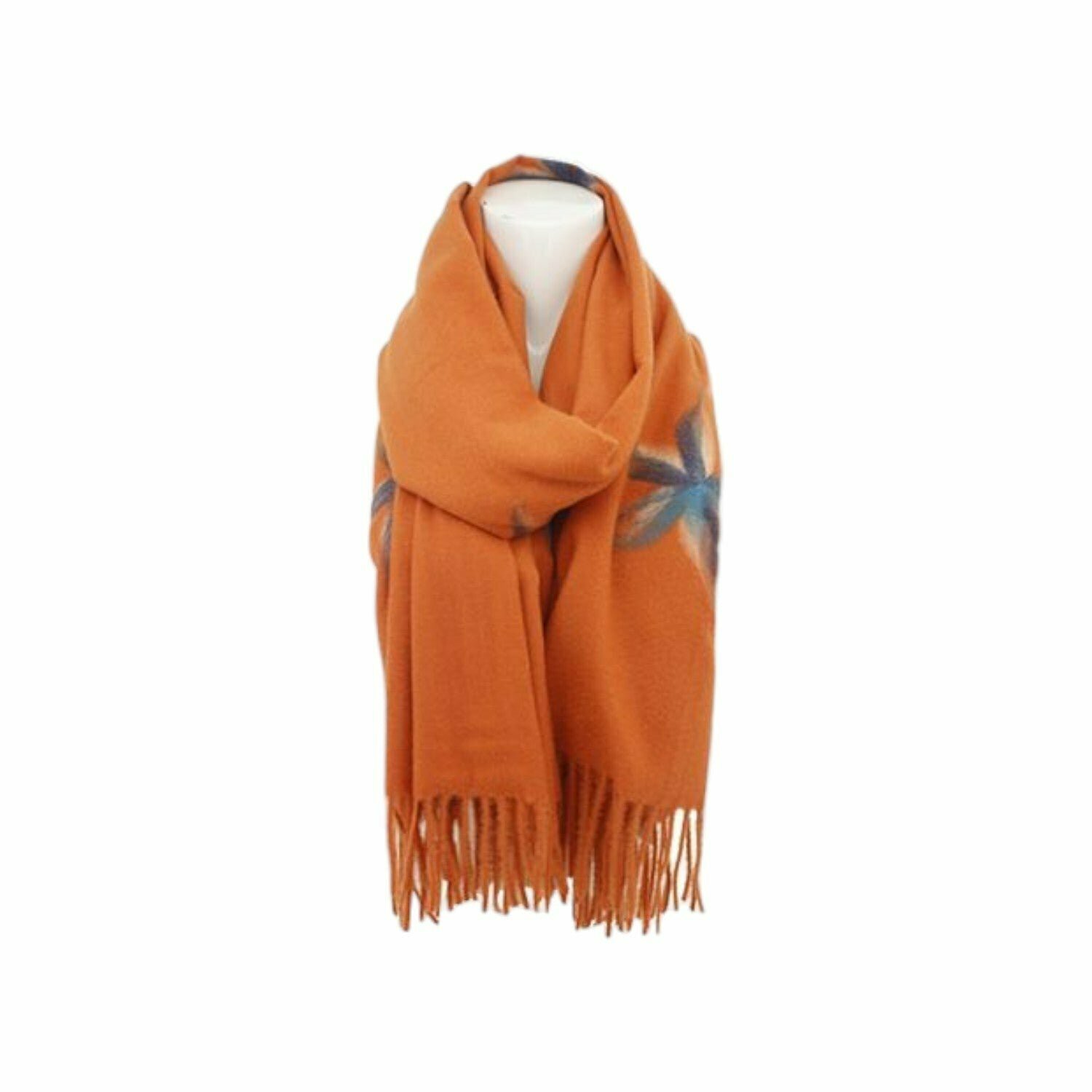 Winter Damen Schal Cashmera » Fransenschal Soft Feeling » Winterschal 180x72 cm » Damenschal mit Blume - Orange