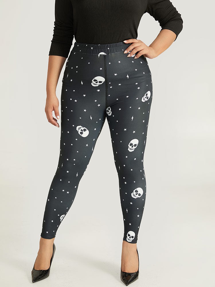Plus Size Women Festival-Halloween Skull Print Elastic Waist High stretch Skinny High Rise Elegant Leggings BloomChic