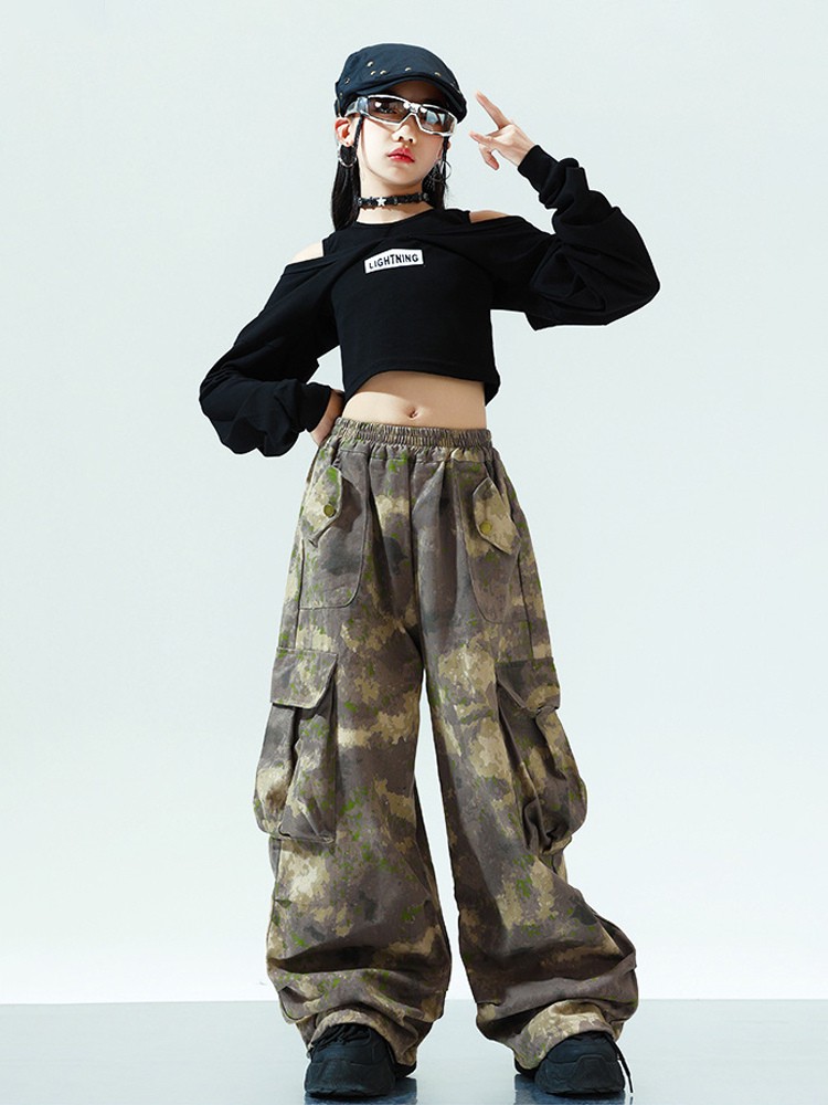 Kids Jazz Dance Clothes 2-Piece Long Sleeves Top And Camouflage Pants Hip Hop Suit