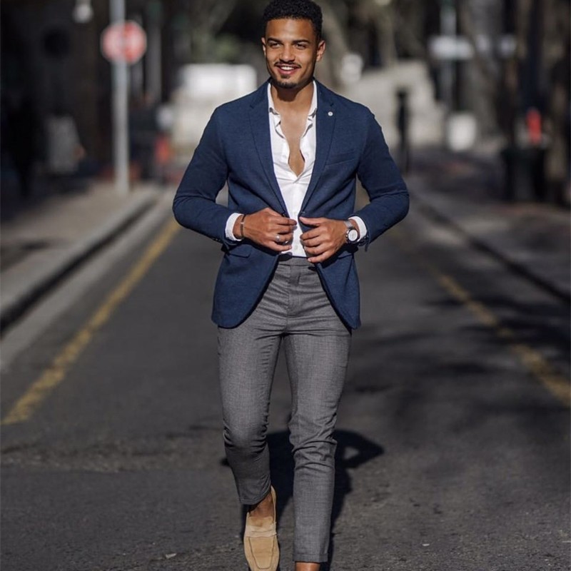 Men's Suits & Blazers Grey Blue Coat Pant Traje Homme Slim Fit Smoking suits from the Bride's Wedding Party Business Prom Male Blazer M