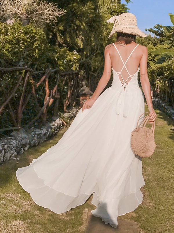 Langes Damenkleid mit V-Ausschnitt  ärmelloses High-Low-Strandkleid
