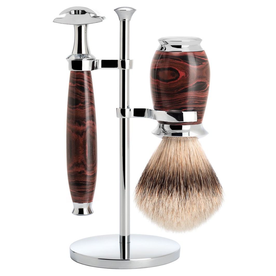 PURIST 3-teiliges Rasierset, Silberspitz Dachszupf, mit Rasierhobel, Griffmaterial Ebonit