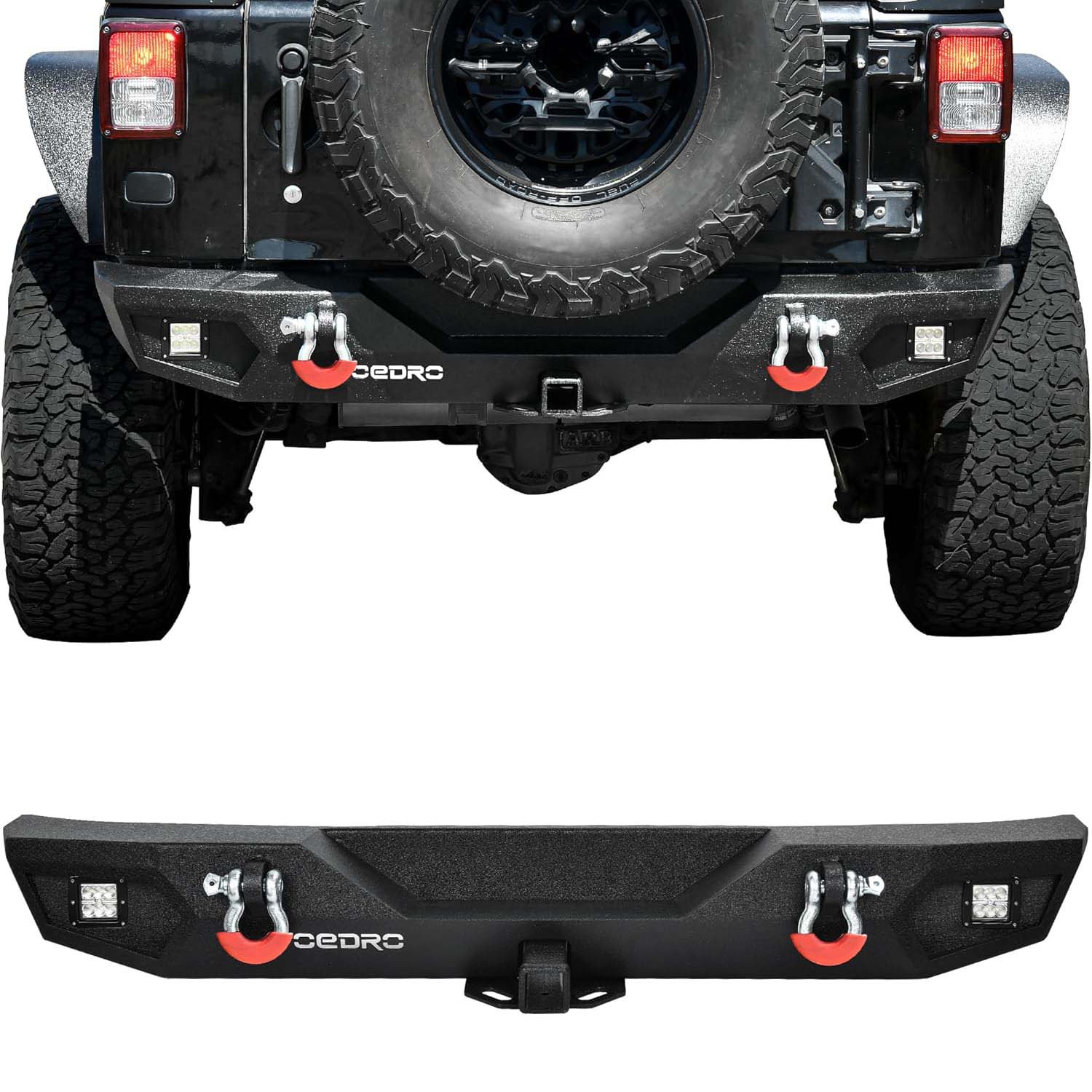 OEDRO Rear Bumper for 2007-2018 Jeep Wrangler JK Unlimited, Rock Crawler Bumper with Hitch Receiver & 2X LED Lights Off Road Textured Black