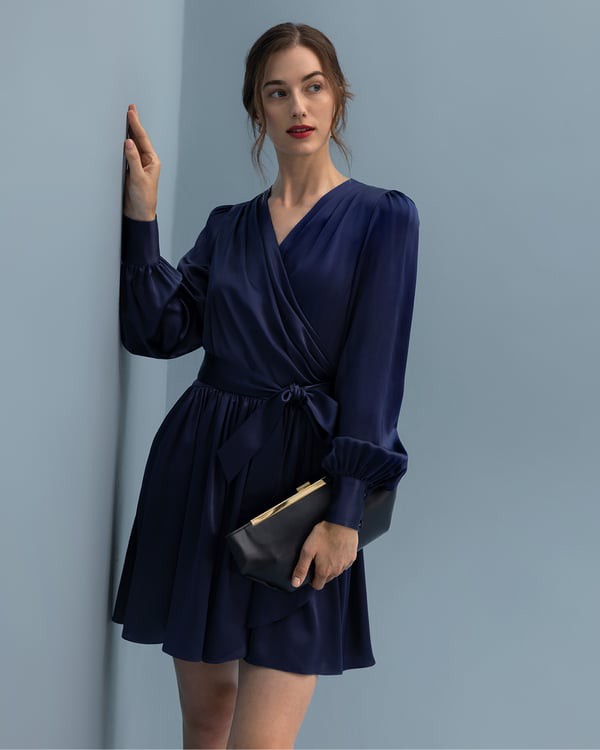LILYSILK Damen Seidenkleid Linaria Wickelkleid Dunkelblau L - Glänzend, Weich & Elegant mit Puffärmeln