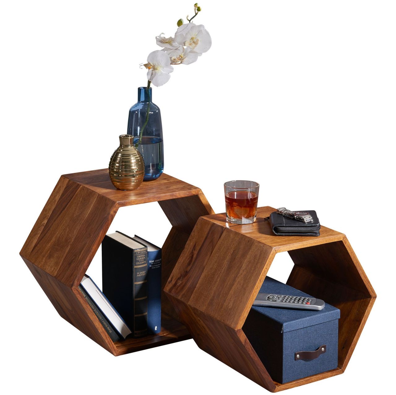 Beistelltisch 2er Set Sheesham Massivholz Design Wohnzimmertisch, Couchtisch-Set massiv, Designer Satztisch Wohnzimmer, Kleiner Sofatisch Holz, Ablagetisch Sofa klein 
