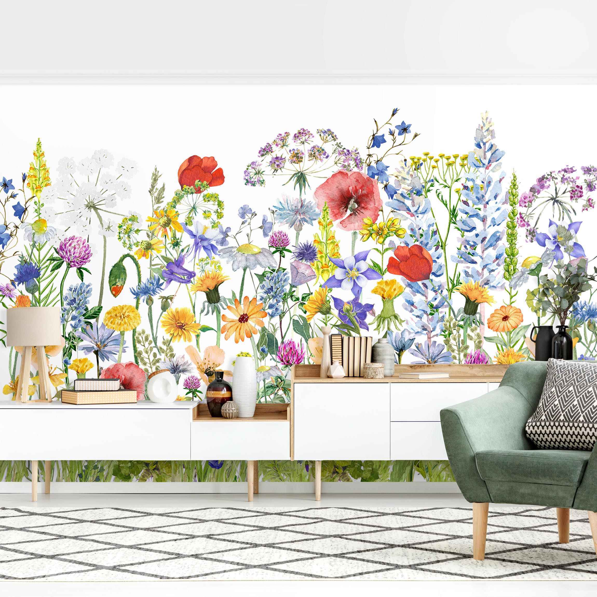 Fototapete Aquarellierte Blumenwiese