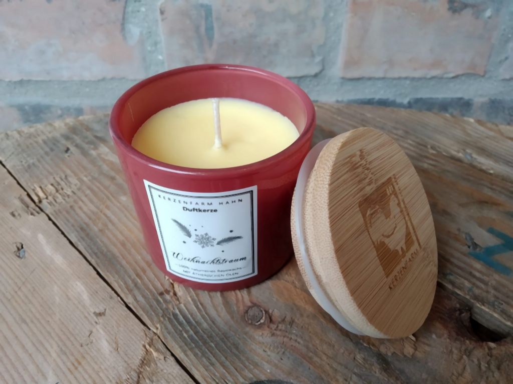 Duftkerze Trendglas Dunkelrot Holzdeckel Weihnachtstraum