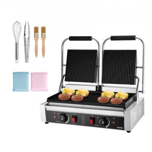 VEVOR kommerzieller Kontaktgrill 3600 W Elektrogrill Sandwichmaker (Doppelbackplatten) Panini Presse aus Edelstahl mit Temperaturregelung, 48 x 23 cm gerillte Emailleplatte für Hamburger Steak Speck