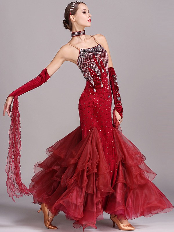 Ballroom Dance Costumes Burgundy Women's Sexy Straps Neck Polyester Dress Lace Rhinestones Dancing Wear