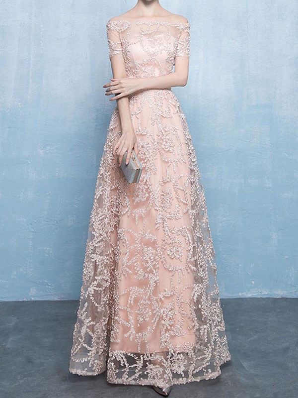 Abendkleid A-Linie Bateau-Ausschnitt Spitze bodenlang formelle Partykleider