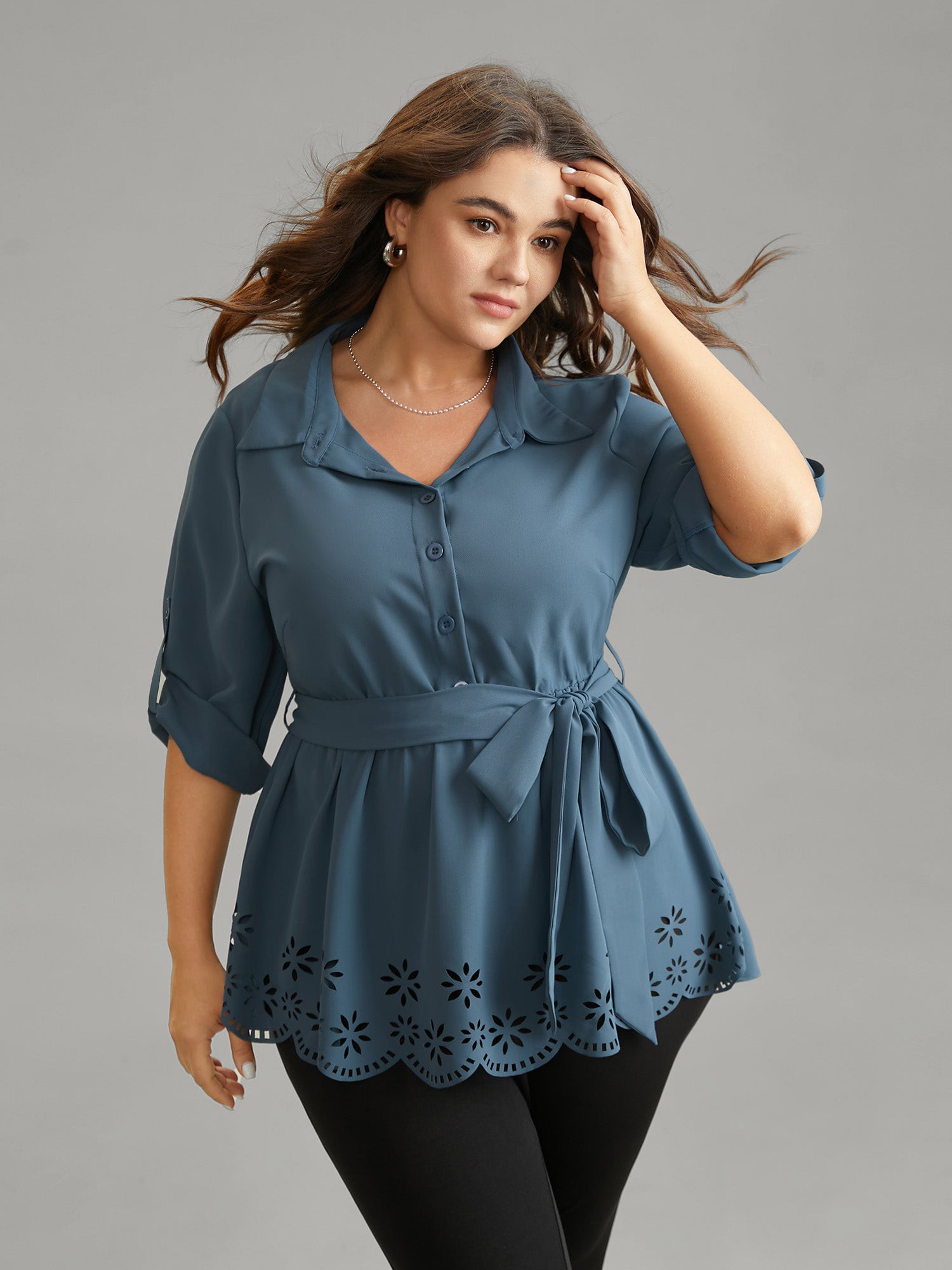 Plus Size Women Work Plain Plain Regular Sleeve Long Sleeve Shirt collar Office Blouses BloomChic