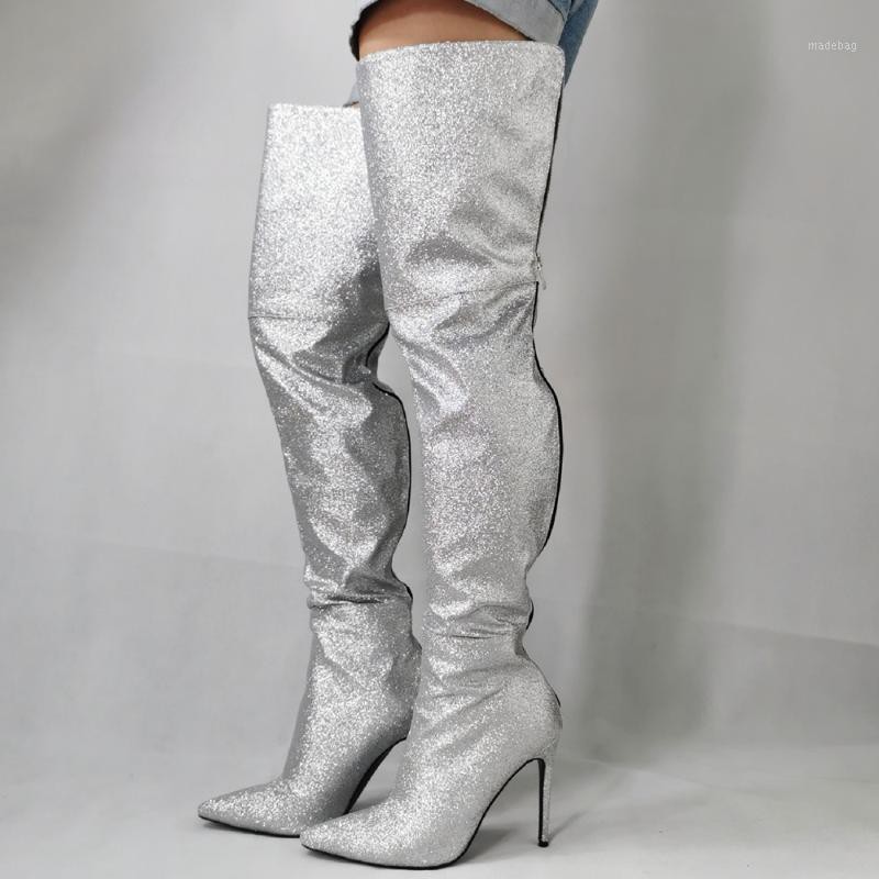 Boots Real Po High Heels Sliver Glitter Leather Long Bota Feminina Latex Sexy Overknee Rain Slim Shoes Woman 2021 Plus Size47