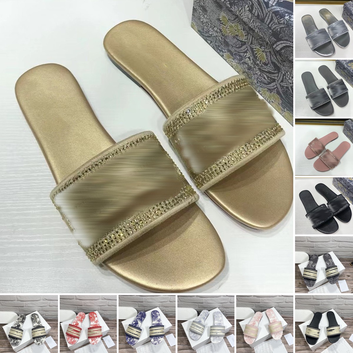 2022 Designer Women Sandals Flat Slipper Scuff Sexy Fashion Embossed Shinning twinkling Summer Low Heel Slippers Slides Flip Flops Womens Sandals
