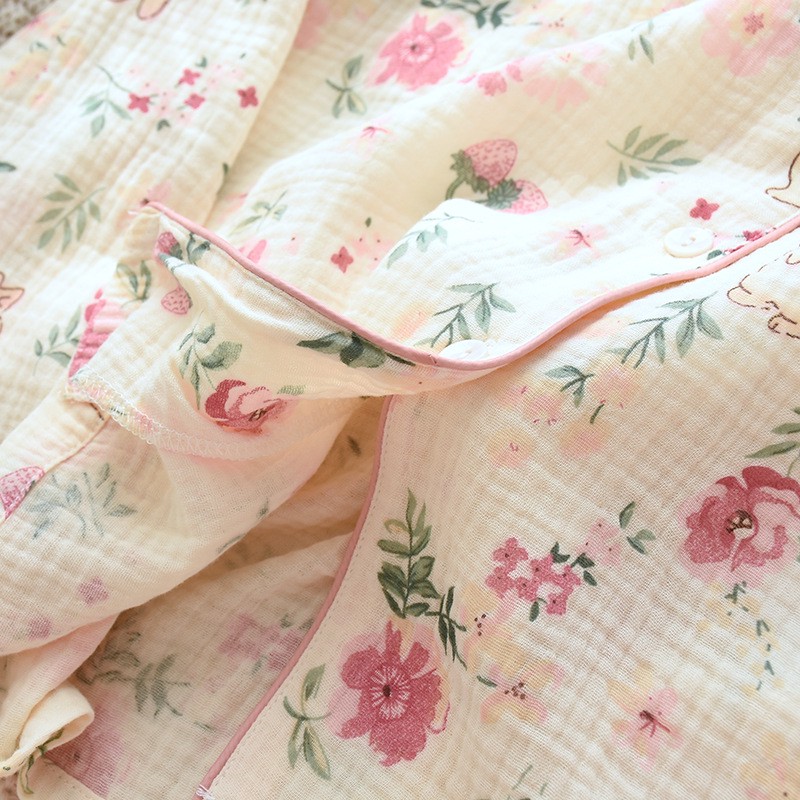 B982-Pure Cotton Home Wear Tops pour femmes, pièce simple, printemps et automne à gaze mince cardigan à manches longues, pyjama à revers imprimé,