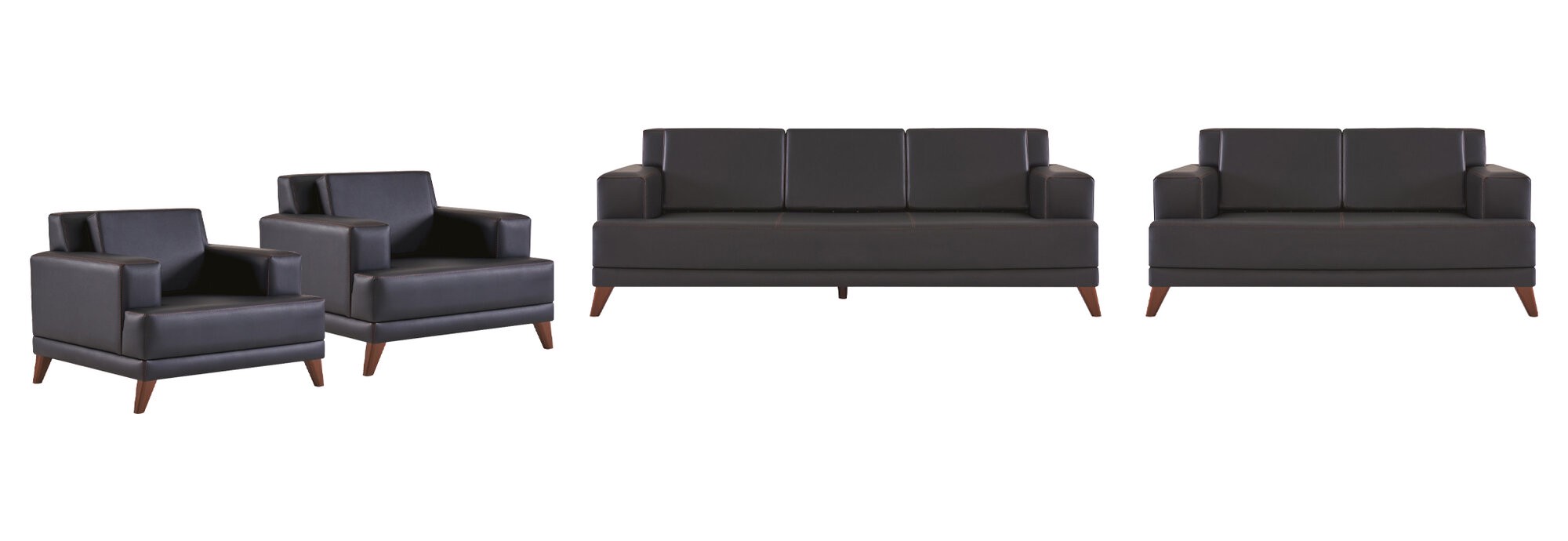 Ledersofas Set 3-Sitzer 2-Sitzer 2x Sessel Schwarz Polster Kissen Holz