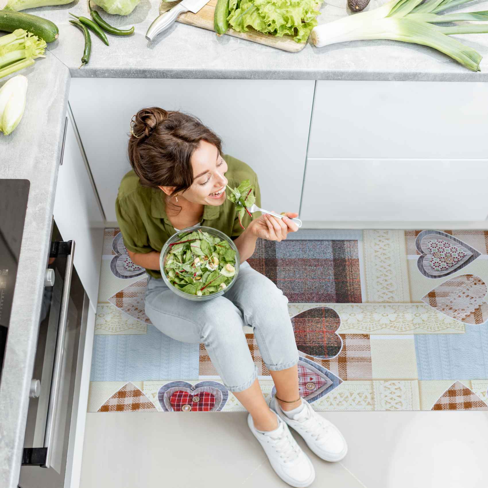 Teppichläufer Küchenläufer PVC rutschfest abwaschbar Karo Herz Liebe Beige 50cm Breit 100x50cm