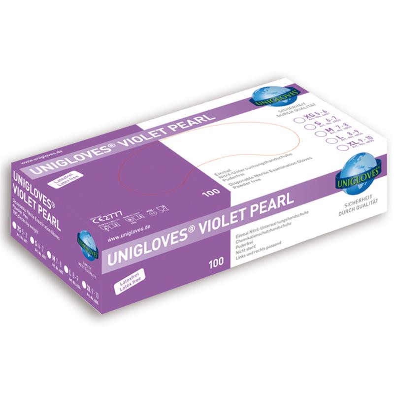 Nitrilhandschuhe 100 Stück S M L violett puderfrei latexfrei lebensmittelecht EN 374 Einweg Unigloves lila, Nitril Einmalhandschuhe