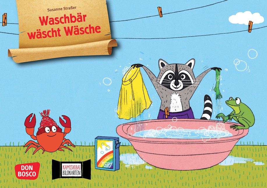 Waschbär wäscht Wäsche. Kamishibai Bildkartenset