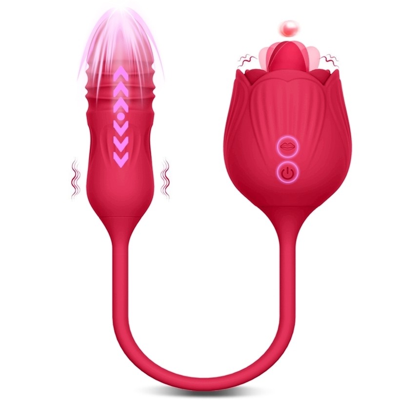 2 in 1 Rose Vibrateur pour les femmes Loging Licking Clitoris Stimulator Télescopic Vibration Egg Dildo Sex Toys 18 220329