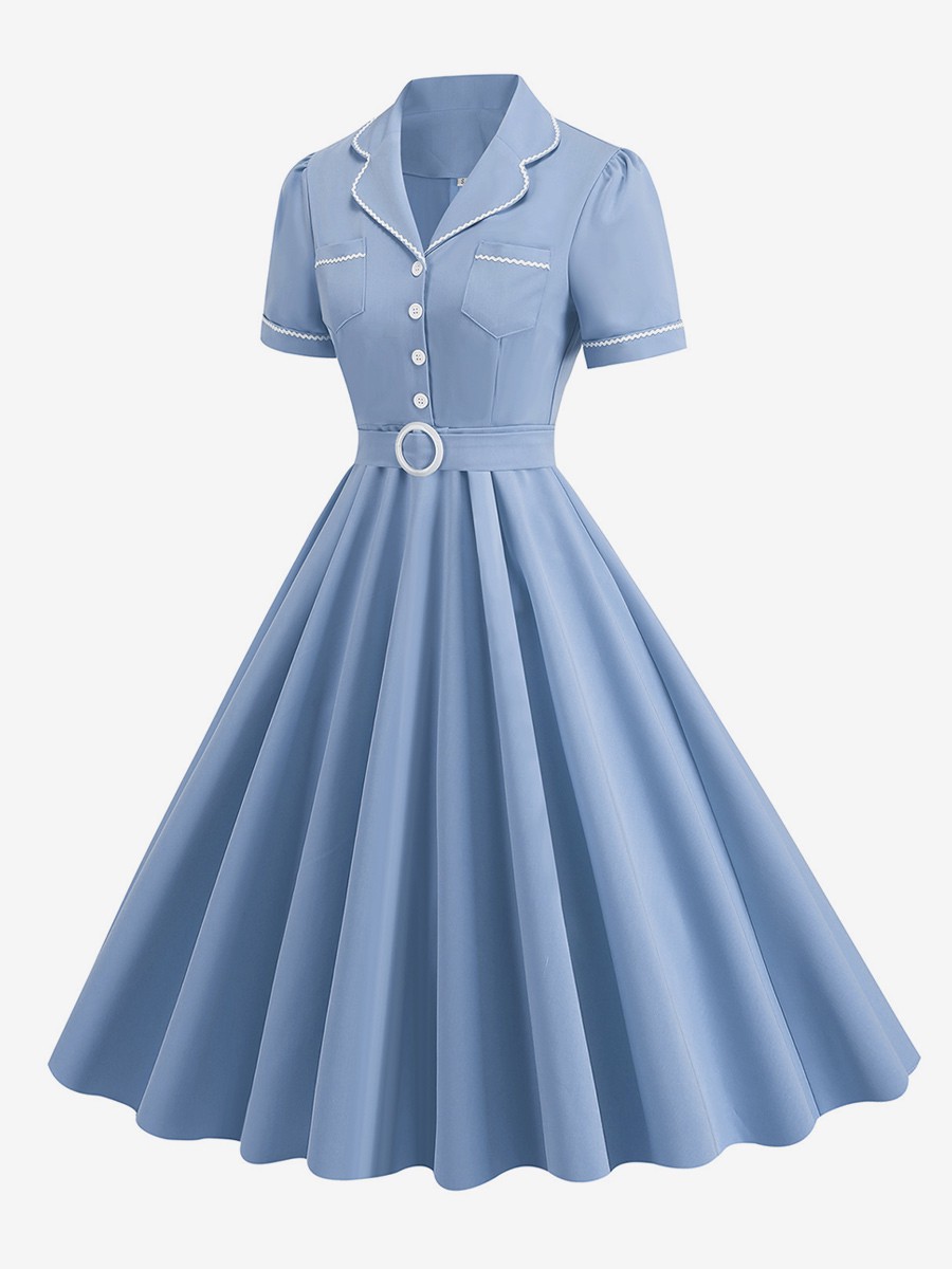 Aquatic Dress Buttons Ring Detail Short Sleeves Retro Glamour Midi Dress