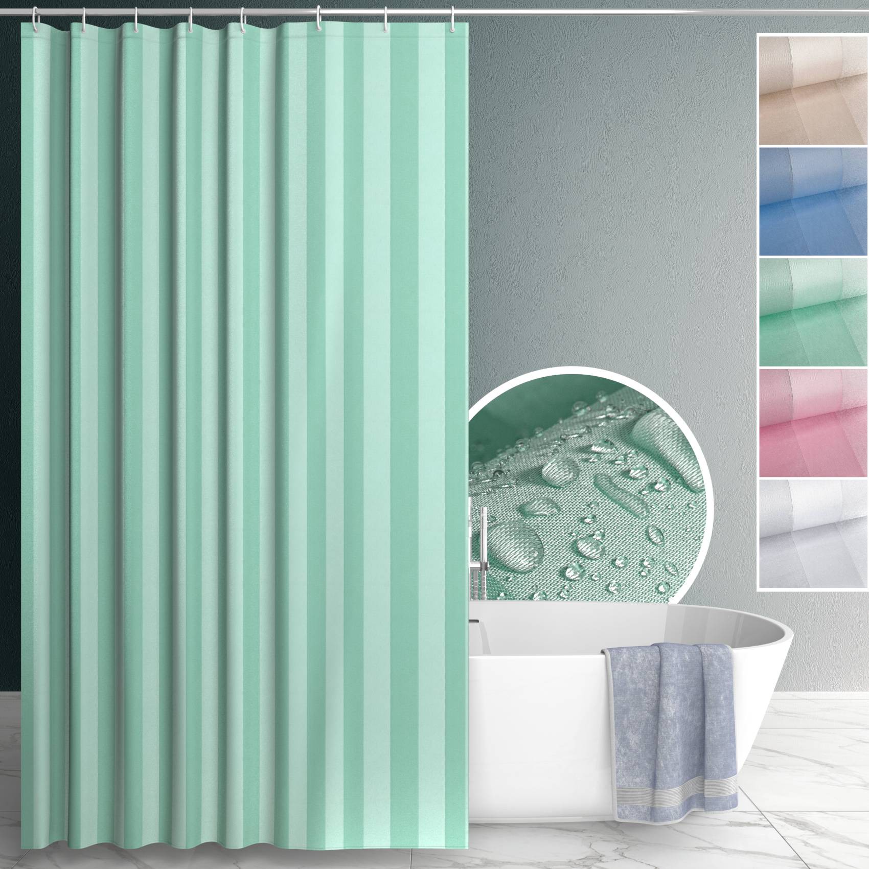 Duschvorhang Badewanne Textil Polyester Bad Vorhang waschbar mit Ringen Grün 3 Größen 120x200cm