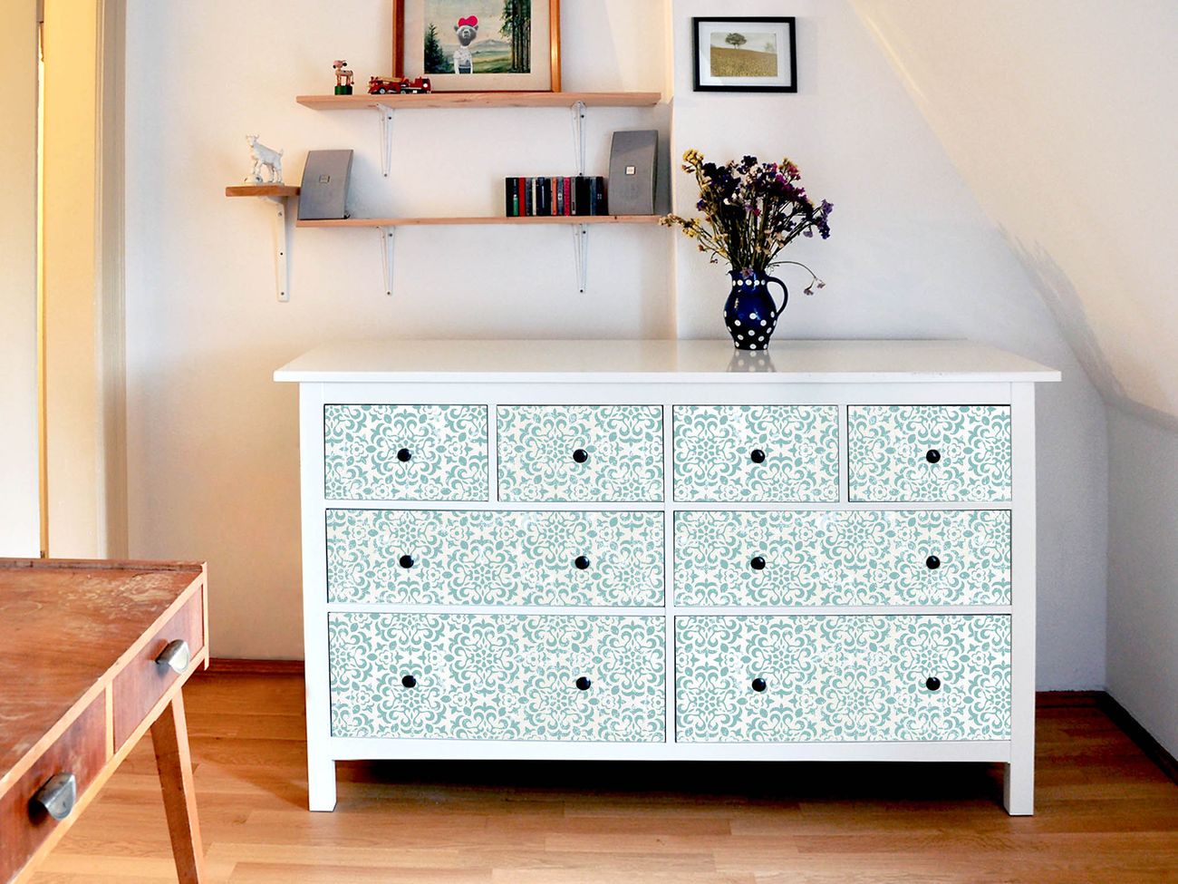 Banjado Möbelsticker für IKEA HEMNES mit Motiv Tapete Grün selbstklebend Kommode 8 Schubladen Möbel-Tattoo Sticker Klebefolie Schrankfolien Dekorfolie