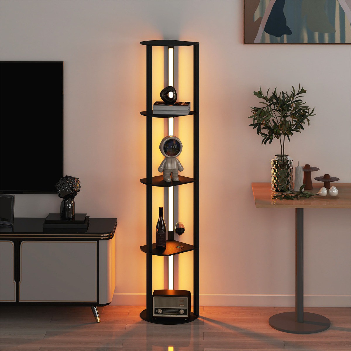 Stehlampe mit Regalen & 4 Drehbaren LED-Streifen & Fußschalter Stehleuchte Ablageregal