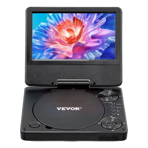 VEVOR tragbarer DVD-Player mit drehbarem HD-Bildschirm (178 mm), eingebauter Akku mit 4 Std. Laufzeit, 2 Lautsprecher, unterstützt Synchronisierung von TV/USB/SD-Karte/CD/DVD, Autoladegerät schwarz