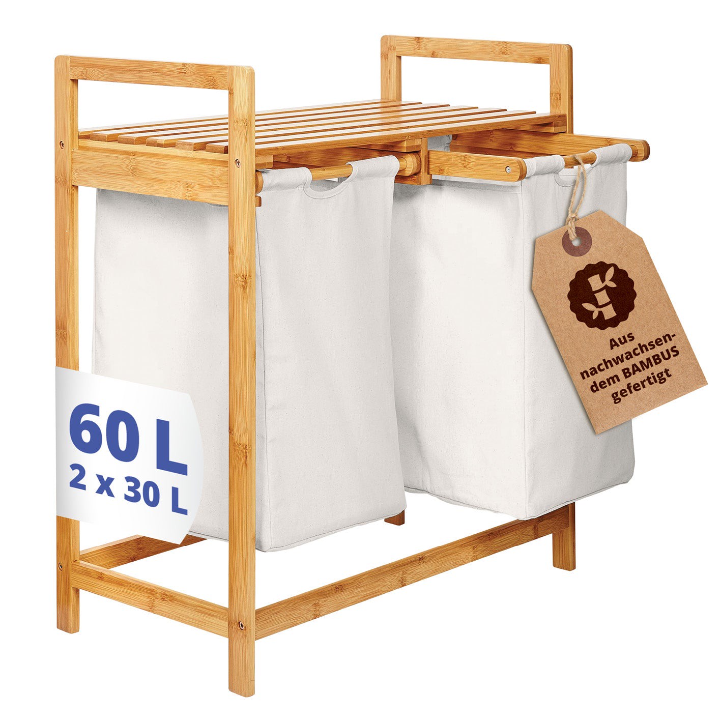 Bambus Wäschekorb mit 2 ausziehbaren Wäschesacken - 73 x 64 x 33 cm - Weiß
