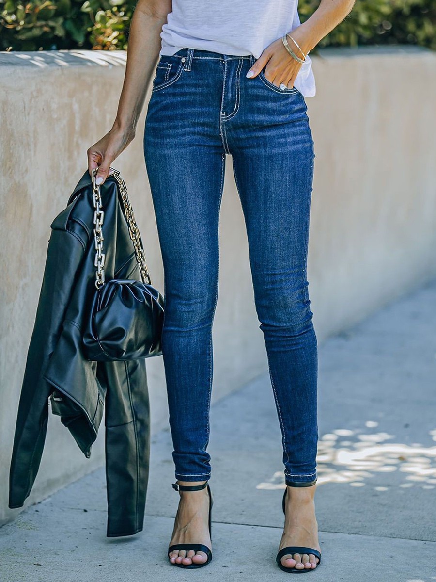 Blaue Röhrenjeans mit hoher Taille und Reißverschluss