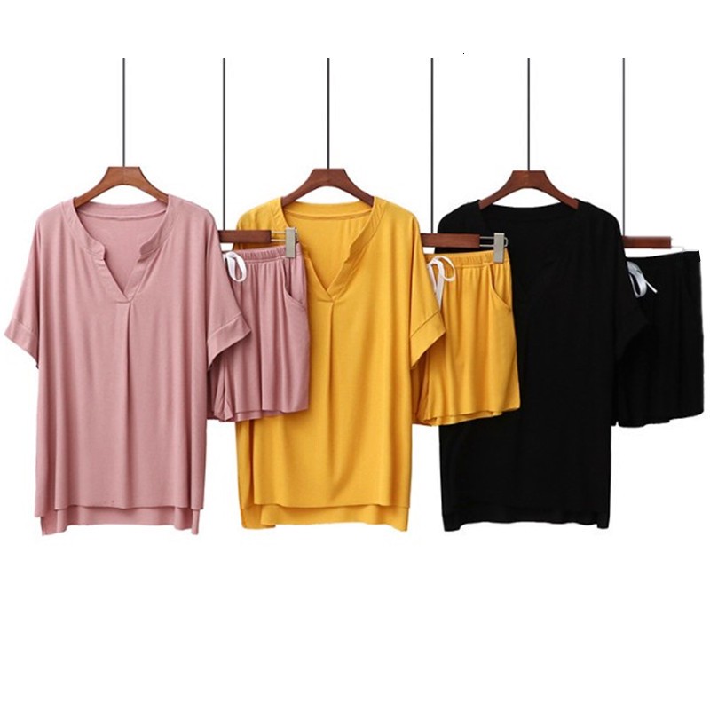 Femme de sommeil des femmes été pyjama femme coton modal vêtements de nuit courte femme pyjamas manche s pijama set des vêtements de nuit en V po