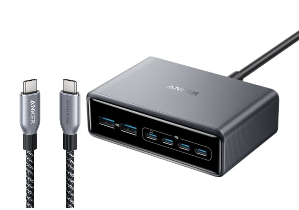 Anker Prime Ladegerät (200W, 6 Ports, GaN)+Anker Prime USB-C auf USB-C Kabel (240W, Upcycled-Flechtdesign)