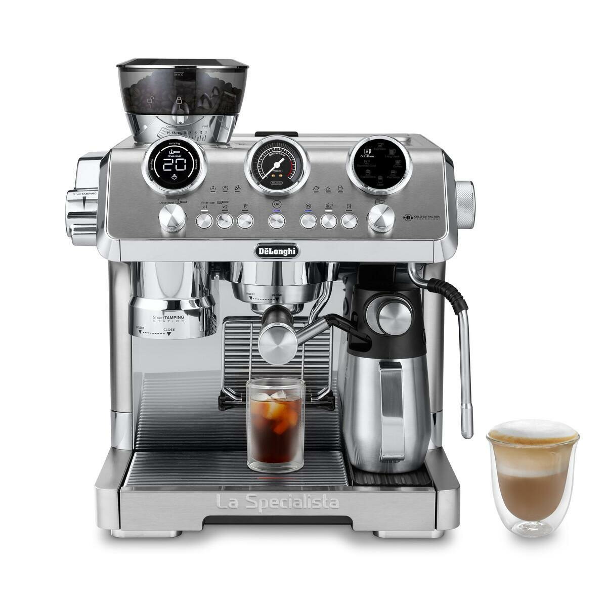De'Longhi EC9885.M La Specialista Maestro Siebträger-Espressomaschine (19 bar, 1450 Watt, Cold Brew, LatteCrema Hot-System, integriertes Mahlwerk, 15 Mahlgradeinstellungen)