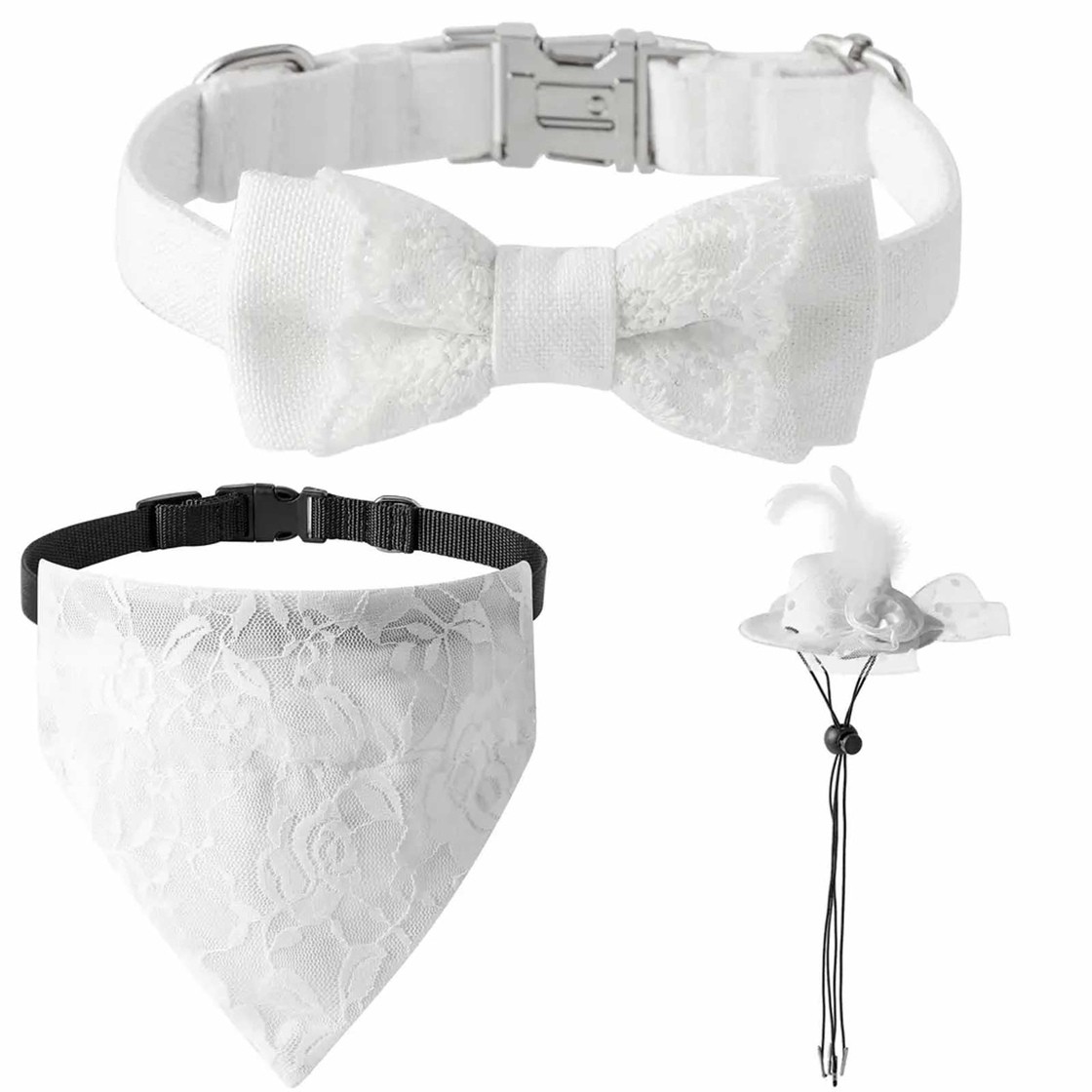 Hundehalsband Hochzeit Set mit Schleife, Halstuch und Hut in wei? - L