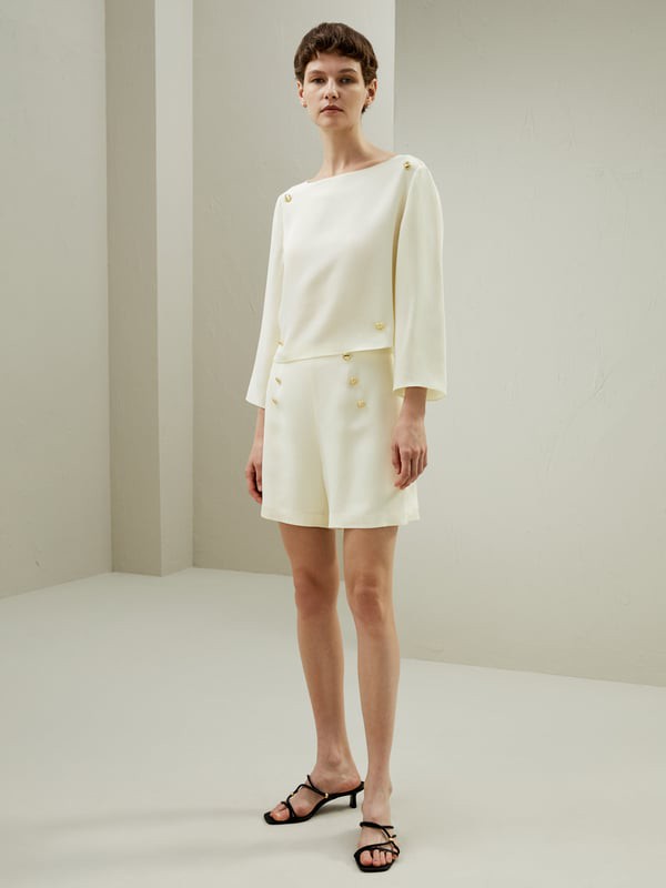 LILYSILK Seiden Shorts High Waist Weiß 32/34 - Elegante Crêpe de Chine Shorts mit Knopfdetails für Frühling/Sommer