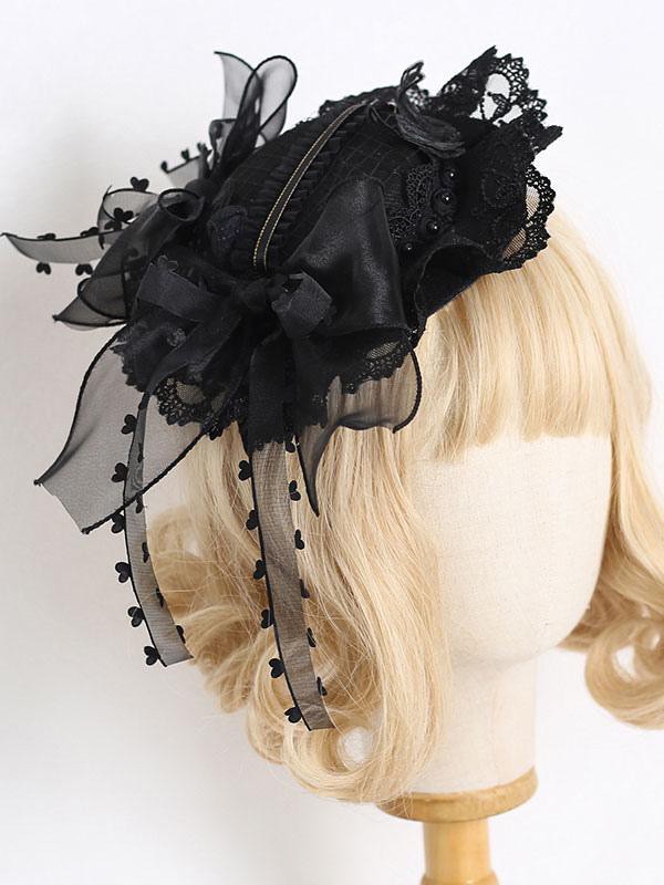 Steampunk-Lolita-Hut schwarze Schleifen Rüschen Spitze Accessoire Polyester Lolita-Zubehör