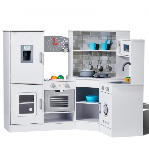 VEVOR Eck-Spielküche aus Holz, Spielzeugset mit Lichtern und Geräuschen, Kleinkinderküche mit Eismaschine, Backofen, Spüle, Uhr, Mikrowellen, Kühlschrank und Zubehör, für Kleinkinder, Vorschulkinder, weiß