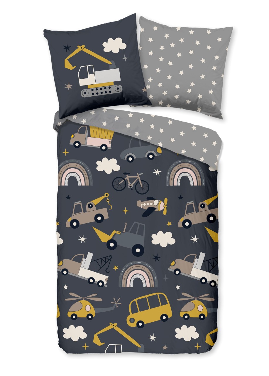 Good Morning Kinder Bettwäsche 135x200 Rush Baustelle Fahrzeuge grau 32086